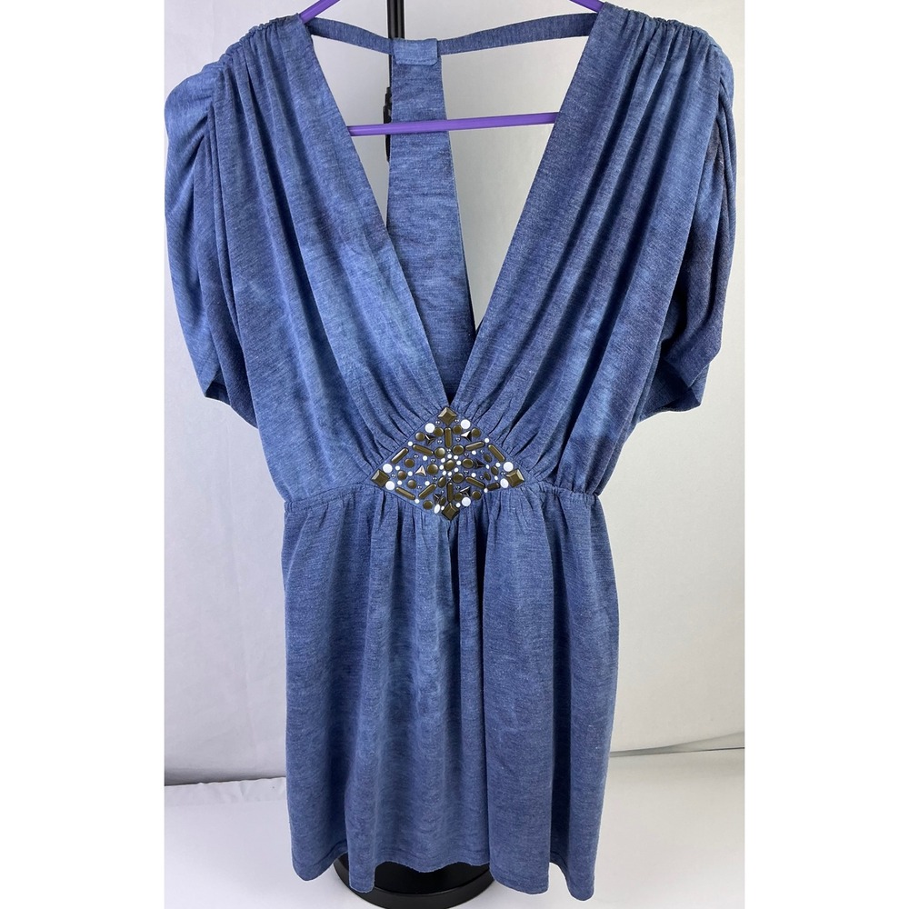 Kouture by Kimora V-Neck Beaded Waist Boho Tunic Top Short Sleeve Empire Waist